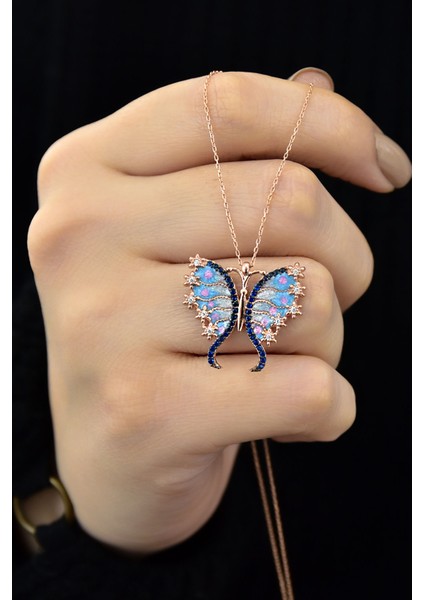 925 Ayar Gümüş Rose Altın Kaplama Mineli Kelebek Kolye