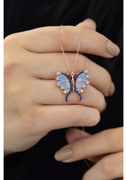 925 Ayar Gümüş Rose Altın Kaplama Mineli Kelebek Kolye fiyatları