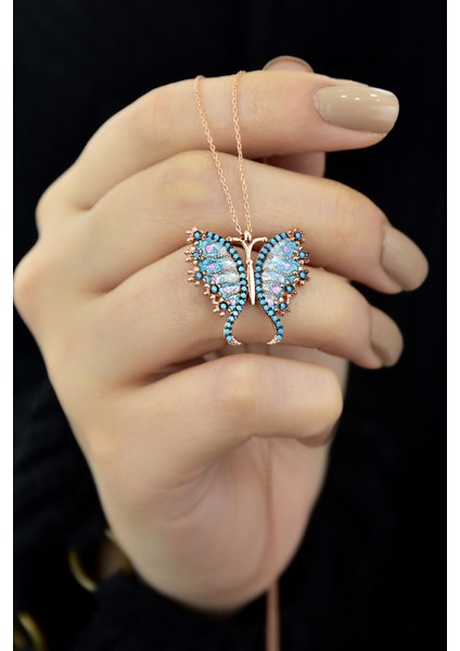 925 Ayar Gümüş Rose Altın Kaplama Mineli Kelebek Kolye