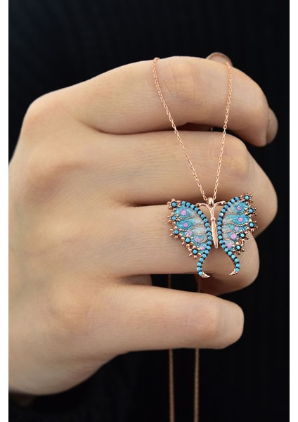 925 Ayar Gümüş Rose Altın Kaplama Mineli Kelebek Kolye fiyatları