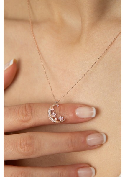 Kadın Taşlı Ay Yıldız Model Model 925 Ayar Gümüş Kolye