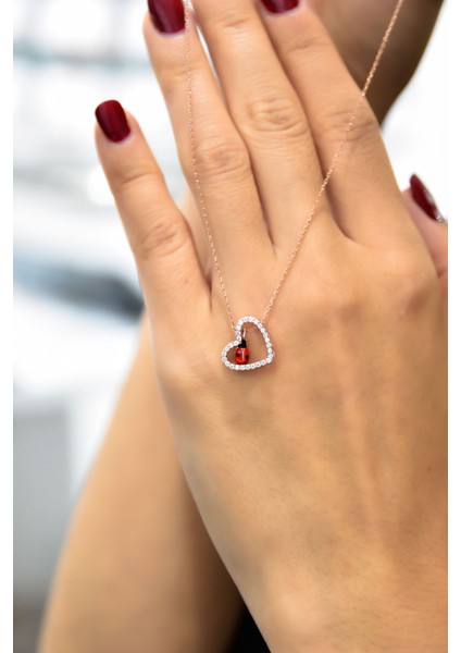 925 Ayar Gümüş Rose Kaplama Uğur Böcekli Kalp Kolye fiyatları