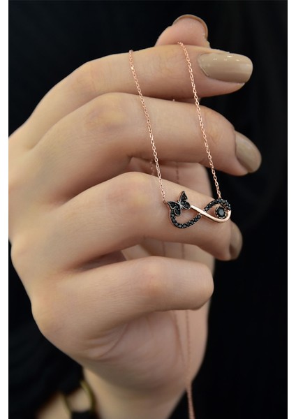 925 Ayar Gümüş Rose Altın Kaplama Siyah Taşlı Kelebek Kolye