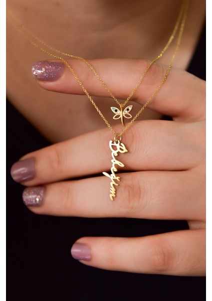 925 Ayar Gümüş Altın Kaplama Yusufçuk ve Bebeğim Yazılı Asansörlü Kolye