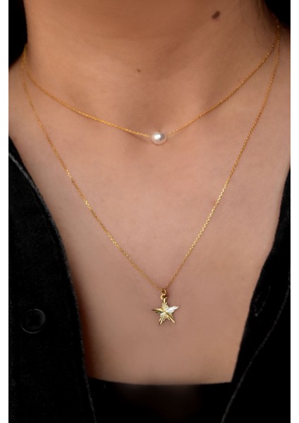 925 Ayar Gümüş Altın Kaplama Kristal Kesim Inci ve Yıldız Asansörlü Kolye