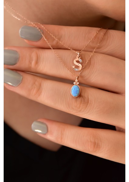 925 Ayar Gümüş Rose Kaplama S Harf ve Opal Taşlı Asansörlü Kolye