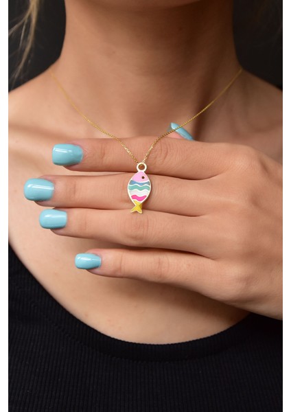 925 Ayar Gümüş Altın Kaplama Renkli Mineli Balık Kolye