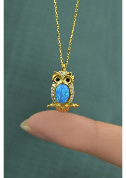 925 Ayar Gümüş Gold Kaplama Opal Baykuş Kolye