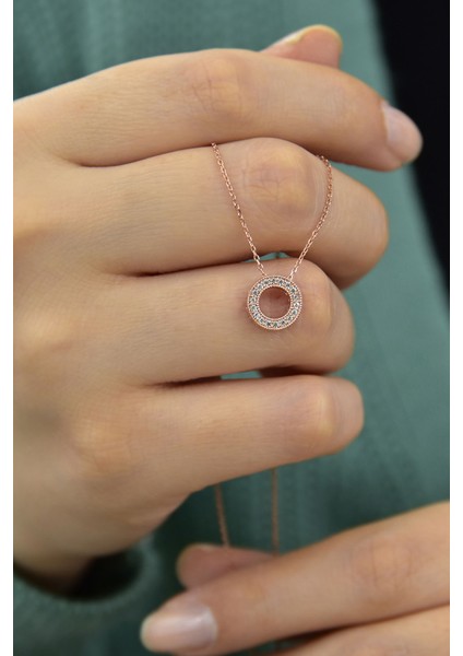 925 Ayar Gümüş Rose Kaplama Taşlı Yuvarlak Kolye fiyatları