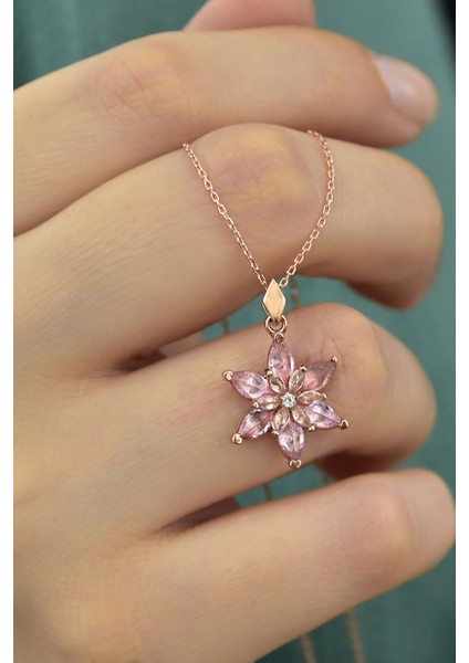 925 Ayar Gümüş Rose Kaplma Tepelikli Pembe Lotus Kolye