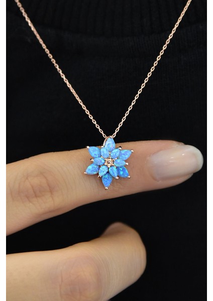 Kadın Turkuaz Opal Taşlı Lotus Gümüş Kolye