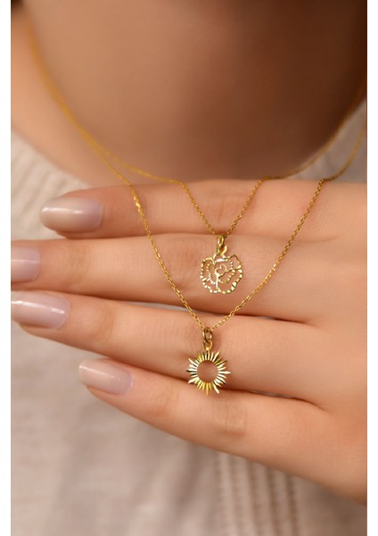 925 Ayar Gümüş Altın Kaplama Kristal Kesim Gül ve Güneş Asansörlü Kolye