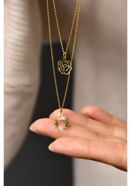 925 Ayar Gümüş Altın Kaplama Kristal Kesim Gül ve Güneş Asansörlü Kolye fiyatları