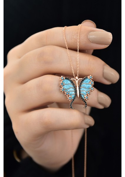 925 Ayar Gümüş Rose Altın Kaplama Mineli Kelebek Kolye