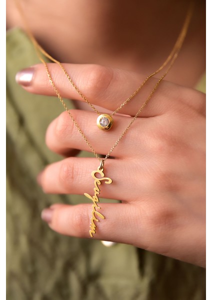 925 Ayar Gümüş Altın Kaplama Tektaş ve Sevgilim Yazılı Asansörlü Kolye