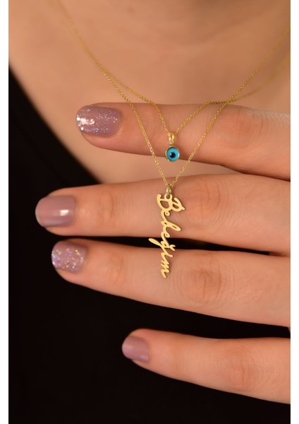 925 Ayar Gümüş Altın Kaplama Camgöz ve Bebeğim Yazılı Asansörlü Kolye