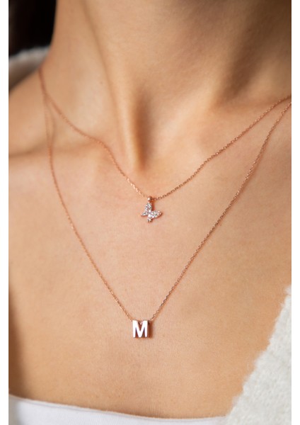 Kadın Asansörlü Kelebek ve Harf Model 925 Ayar Gümüş Kolye