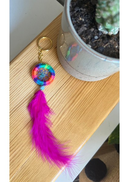 Neon Pembe Dreamcatcher / Düş Kapanı Anahtarlık/araba Süsü-Çap 4 cm