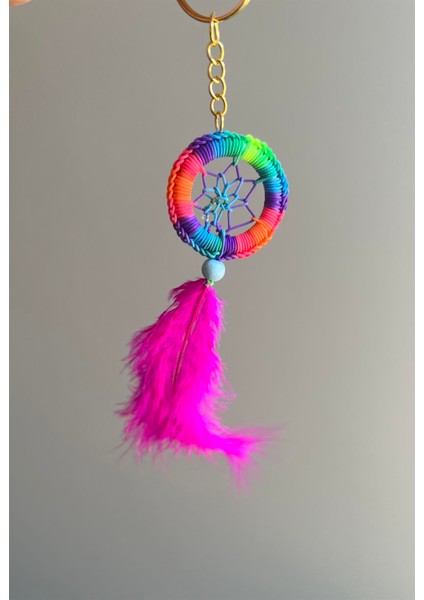 Neon Pembe Dreamcatcher / Düş Kapanı Anahtarlık/araba Süsü-Çap 4 cm