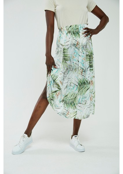 Yeşil Yaprak Desenli Şifon Midi Etek