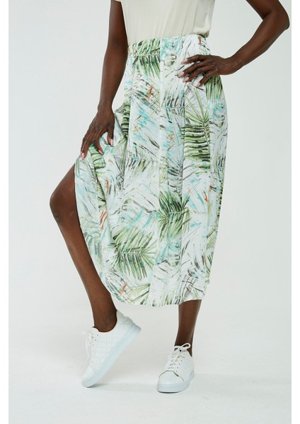 Yeşil Yaprak Desenli Şifon Midi Etek fiyatları