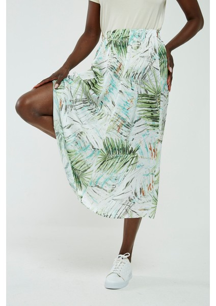 Yeşil Yaprak Desenli Şifon Midi Etek modelleri