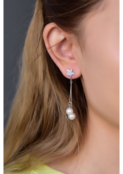 925 Ayar Gümüş Rodyum Kaplama Sallantılı Yıldızlı Inci Küpe ve Halka Küpe