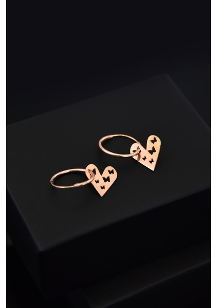 925 Ayar Gümüş Rose Kaplama Kelebek Motifli Kalp Halka Küpe