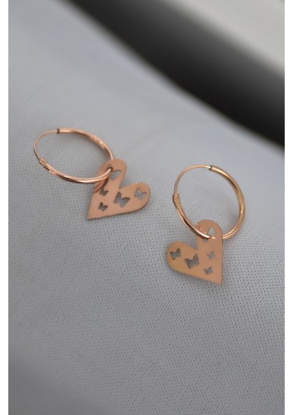 925 Ayar Gümüş Rose Kaplama Kelebek Motifli Kalp Halka Küpe fiyatları