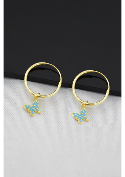 925 Ayar Gümüş Altın Kaplama Kelebek Model Halka Küpe