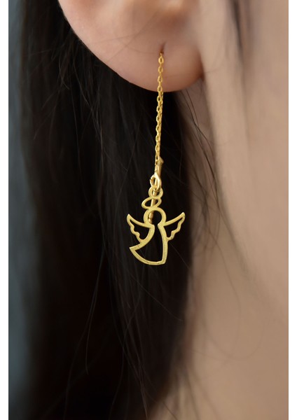 925 Ayar Gümüş Altın Kaplama Çift Melek Zincir Kadın Küpe