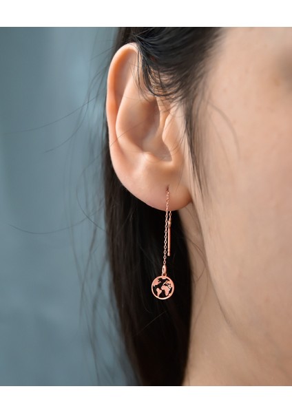 925 Ayar Gümüş Rose Kaplama Çift Dünya Zincir Kadın Küpe