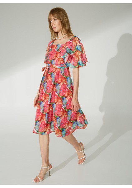 Bisiklet Yaka Emprime Pembe Standart Kadın Elbise 23YSL7268