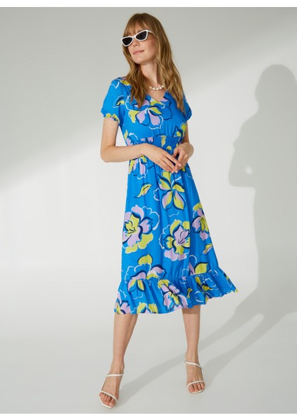 V Yaka Emprime Mavi Standart Kadın Elbise 23YSL7323