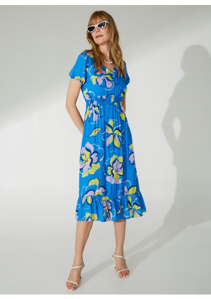 V Yaka Emprime Mavi Standart Kadın Elbise 23YSL7323 modelleri