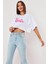 Kadın Barbie Baskılı Oversize Beyaz Crop Tshirt 1