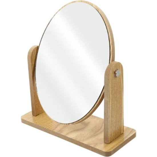 Gaman 1. Kalite Ahşaptan Makyaj Aynası Oval Ayna Ayarlanabilir Standlı Ayna 18CM Masaüstü