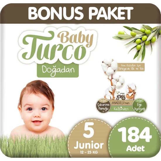 Baby Turco Doğadan Bonus Paket Bebek Bezi 5 Beden 92X2 184 Adet