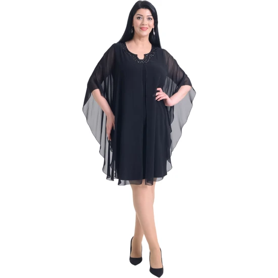 Lilas Xxl Büyük Beden Siyah Renkli  Kısa Şifon  Abiye Elbise