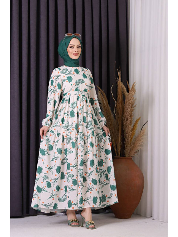 Neşeli Butik Kadın Keten Desenli Tesettür Elbise SMS002 Yeşil