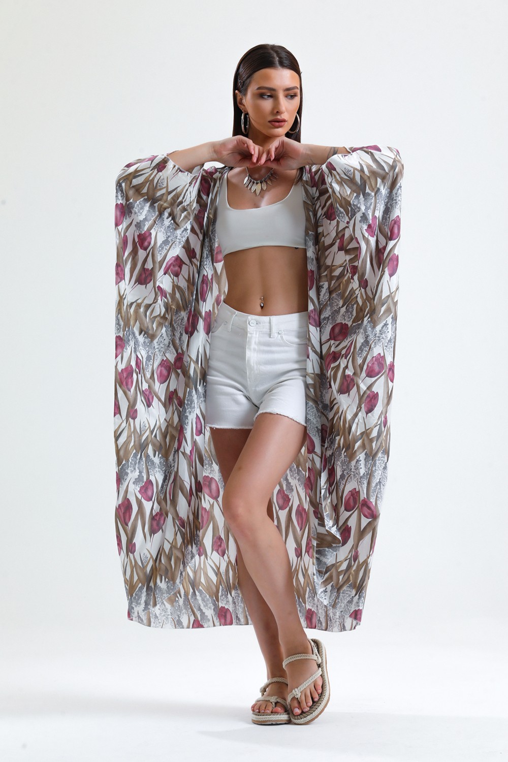 Sense Şifon Plaj Kimono | ELB33597 Lale Des.kahve