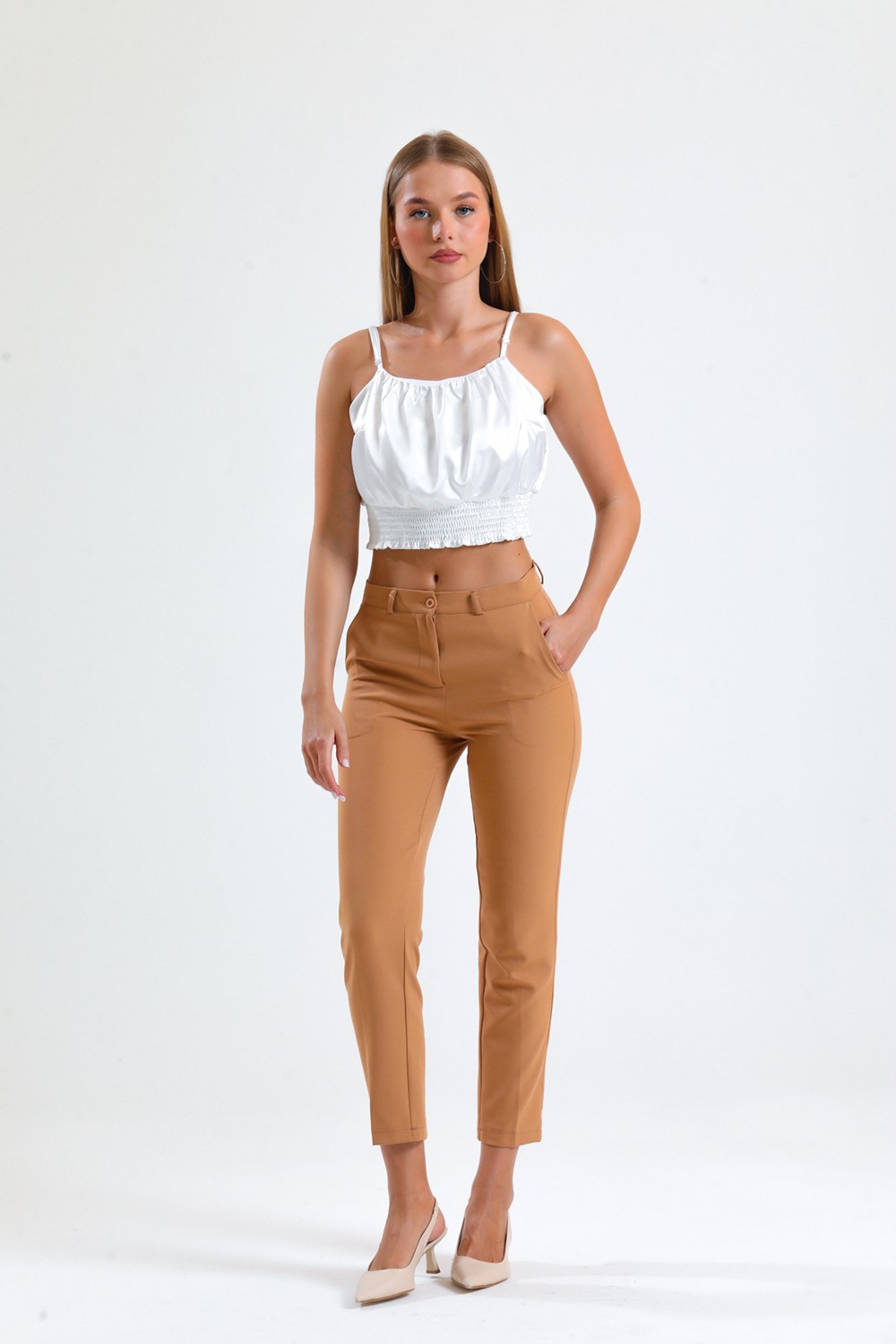 Sense Pantolon - Bilekte Atlas Kumas Pantolon | PNT19003 Camel görsel 2