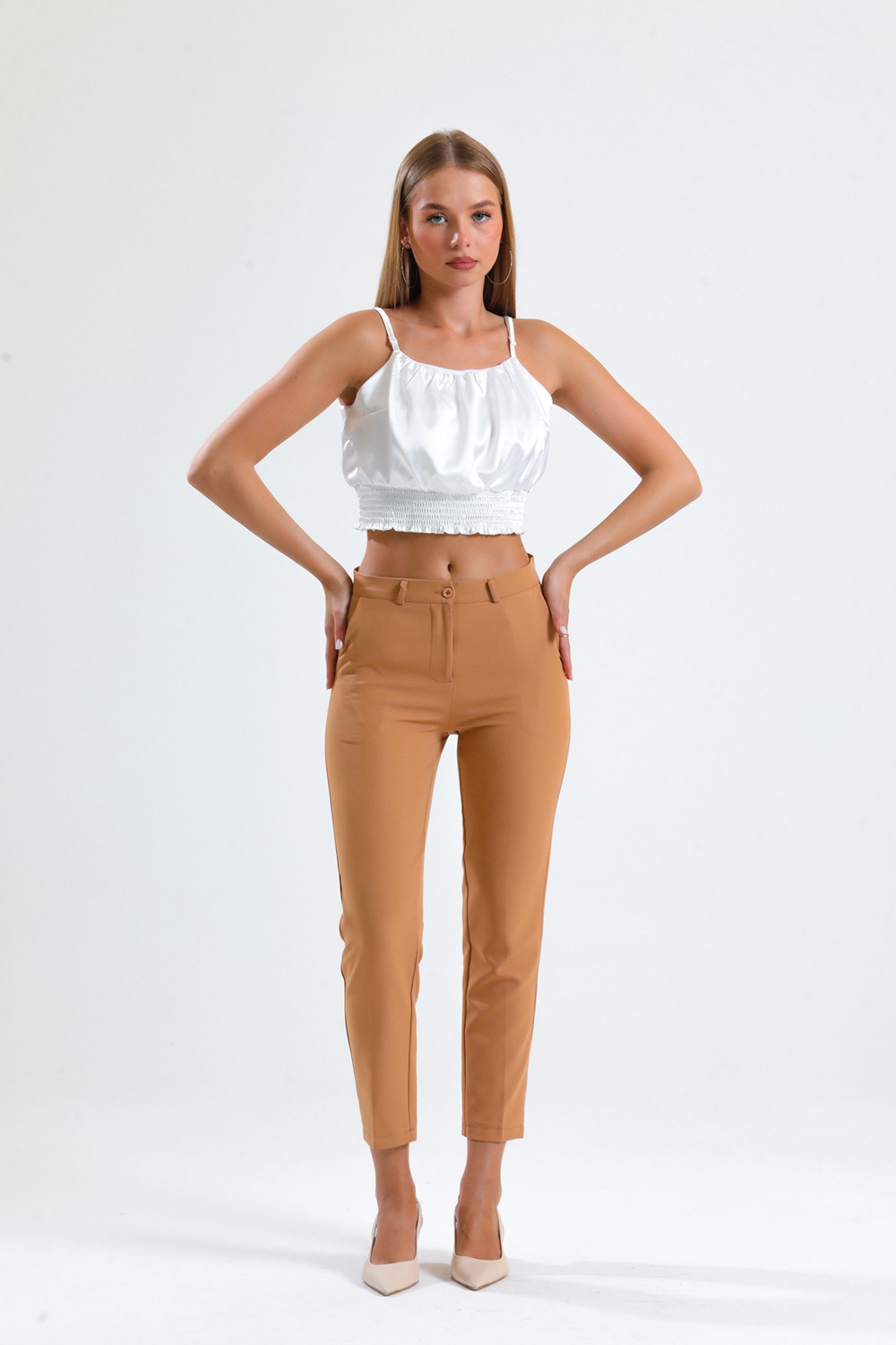 Sense Pantolon - Bilekte Atlas Kumas Pantolon | PNT19003 Camel görsel 3