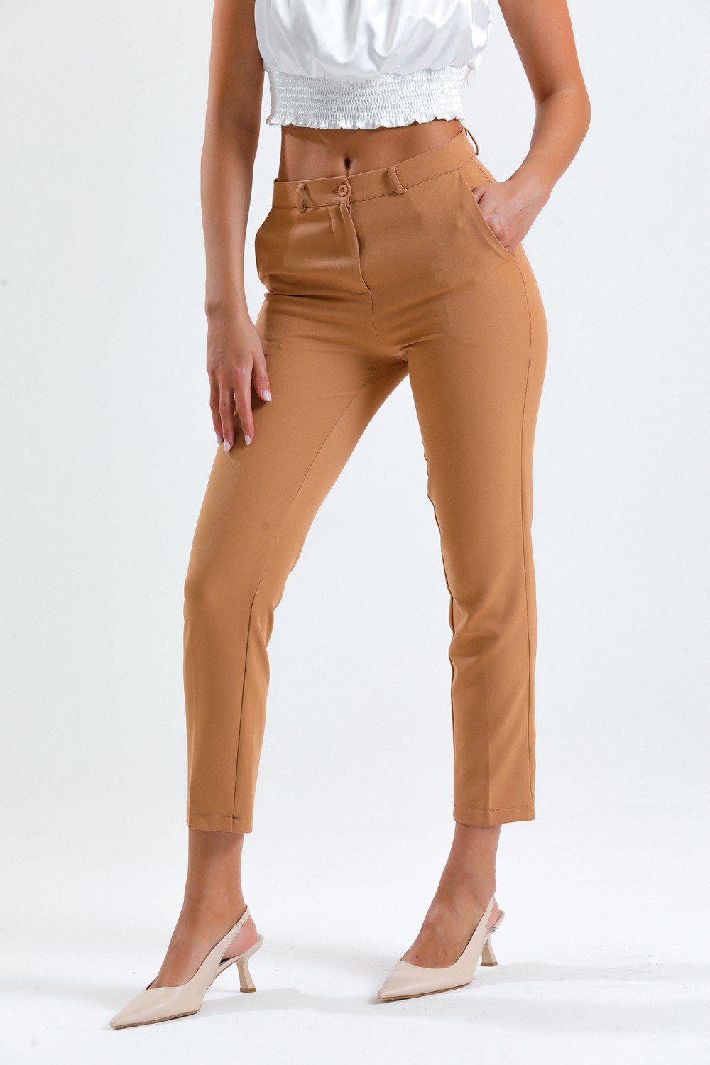 Sense Pantolon - Bilekte Atlas Kumas Pantolon | PNT19003 Camel görsel 4
