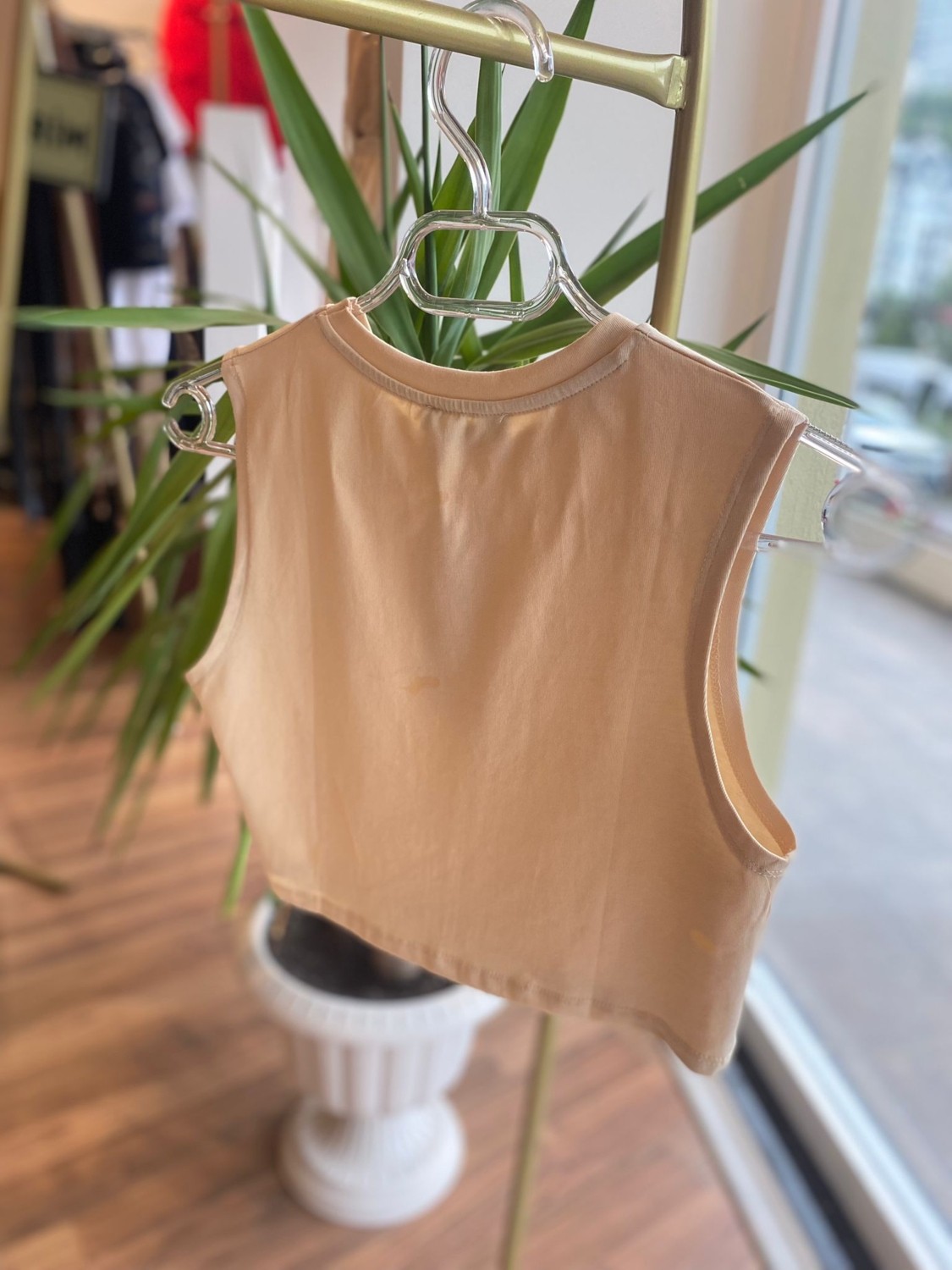 Unique Boutique Ekru Bisiklet Yaka Likralı Basic Crop görsel 2