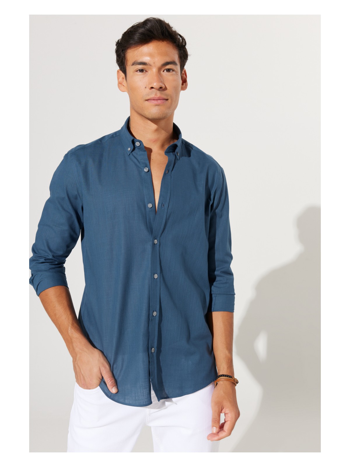 Altınyıldız Classics Erkek Koyu Petrol Slim Fit Düğmeli Yaka Keten Görünümlü %100 Pamuk Flamlı Gömlek