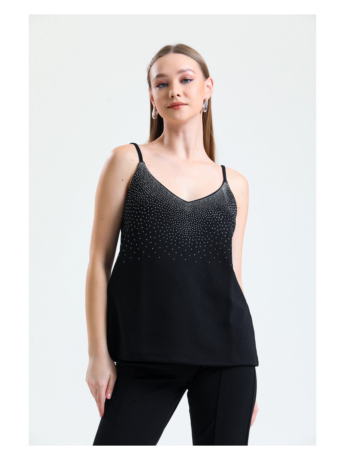 Sense Önü Taşlı Askılıi Scuba Krep Kısa Bluz | BLZ34466 Siyah