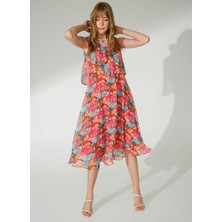Selen Bisiklet Yaka Emprime Pembe Standart Kadın Elbise 23YSL7269