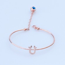 Necati Gün Gümüş Rose Gold Kaplama Nazar Boncuklu Ü Harfi Gümüş Bileklik