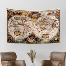 Vagonik Hondius 1630 Antik Dünya Haritası Desenli Turuncu-Beyaz Mikrofiber Bohem Duvar Örtüsü, Yatak ve Oturma Odası, 200x140 cm